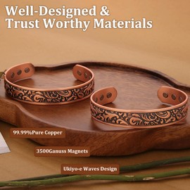 BioMag Copper Bracelet for Men, 99.99% Pure Copper Magnetic Bracelet with 3500 Gauss Magnets, Adjustable Men's Jewelry Gift(Ukiyo-e Waves)