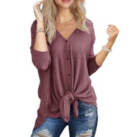 IWOLLENCE Women's Waffle Knit Tunic Knot Tie Blouse Long Sleeve Tops V-Neck Casual Loose Bat Wing Shirts (Rust Red, L)