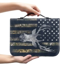 Talayituse Camo Deer American Flag Pattern Faux Leather Bible Cover for Men Boys Women Girls Christian Bible Case with Handle Carrying Book Case Protector Bible Tote Handbag Gifts, XL