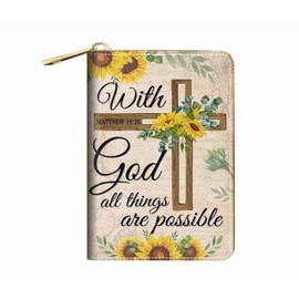 BWOOLL RFID Small Credit Card Holder Wallets for Women, Slim Leather Card Case Wallet with Zipper Accordion Wallets, Christian Cross Quote Bible Verse Matthew 19:26