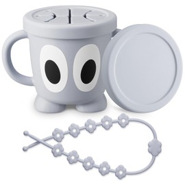 Jkevow Silicone Snack Cup Food Container for Toddlers and Babies, Spill Proof Training Cup with Snack Cup Lid & Dust Proof Lid, Comes with a toy strap, Without BPA, Lead, or Phthalates (Gray)