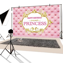 YongFoto 1.5 x 1 m Vinyl Photo Background Headboard Pink Leather Garland Happy Birthday Princess Girl Photography Background Photo Booth Party Banner Photo Studio Props