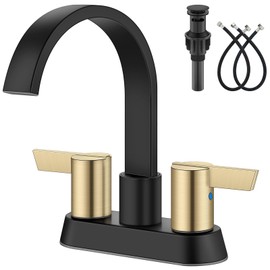 Aolemi Bathroom Faucets for Sink 3 Hole,4 Inch Centerset Waterfall Faucet 2 Handle for Bathroom Sink with Pop-Up Drain and Supply Lines Matte Black and Brushed Gold