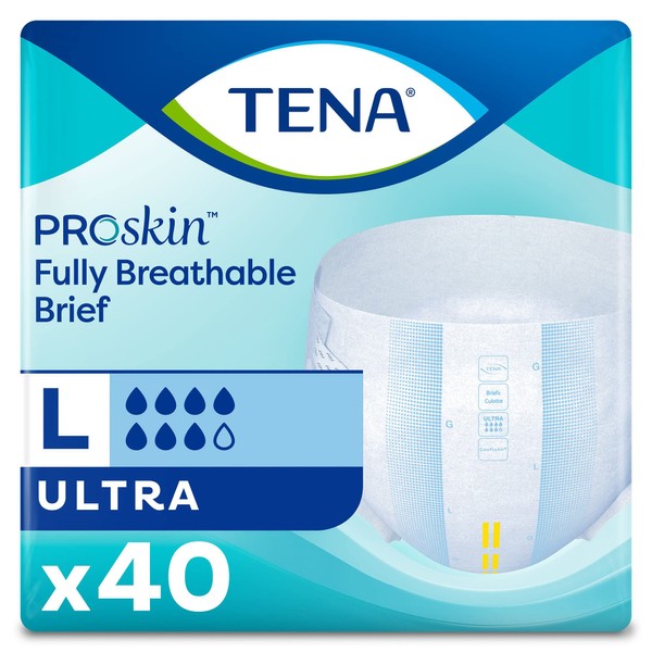 TENA Ultra Breathable Briefs, Incontinence, Disposable, Heavy Absorbency, Large, 40 Count, 40 Packs, 40 Total