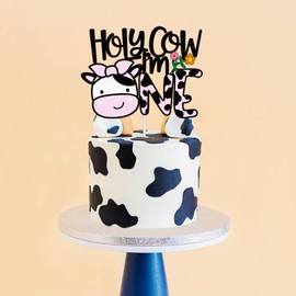 Decoración para tartas de Holy Cow I'm One - Decoración para primer cumpleaños con purpurina rosa - Animales de granja, tema de vaca, baby shower, niños y niñas, suministros para fiesta de primer cumpleaños
