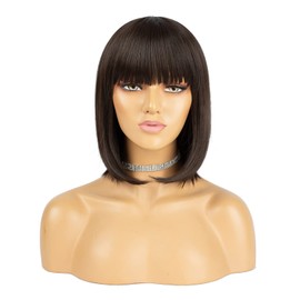 Straight Bob Wig with Bangs Brown Wig Natural Synthetic 12 Inch Shoulder Length Short Bob with Fringe Heat Resistant Hair Fiber Wigs for Woman Cosplay Party Costumes