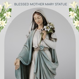 Blessed Mother Mary Statue - 14 Inch Madonna Virgin Mary Statue Elegant Home Decor, Hand Painted Saint Mary Holding Lilies Figurine Renaissance Collection