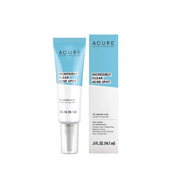 ACURE Incredibly Clear Acne Spot - Pimple Remover Treatment Cream with 2% Salicylic Acid - Target Blemishes & Stop Breakout - Reduce Redness, Draw Out Clog Pores - Combo for Oily Skin - Vegan - 0.5 Oz