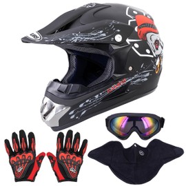 OUMURS Adult Dirt Bike Helmet with Goggles Gloves & Mask Adjustable Sun Visor DOT/FMVSS-218 Motorcycle Adult ATV Helmet Off-Road Motocross Downhill Moped MX for Unisex-Adult-New Black Skull, M