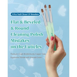 3PCS Nail Polish Clean Up Brush, Round&flat&Angled Acetone Resistant Nail Brush for OPI Nail Polish Remover, Fingernail Cleaning Brushes at Home Nail Art and Designs(Emerald Green)