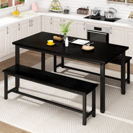 AWQM Dining Room Table Set, Kitchen Table Set with 2 Benches, Ideal for Home, Kitchen and Dining Room, Breakfast Table of 47.2x28.7x28.7 inches, Benches of 41.3x11.8x17.7 inches, Black