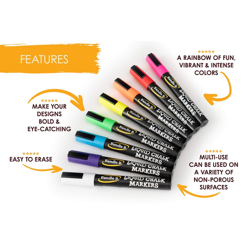 Bandle B. Chalk Markers - 4 White, Erasable, Non-Toxic, Water-Based,