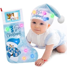 Shinymoon Baby's First Christmas Stocking and Hat Set with LED Lights 2024 Baby Christmas Stockings with Picture Frame Santa Hats Xmas Supplies(Blue,Classic)