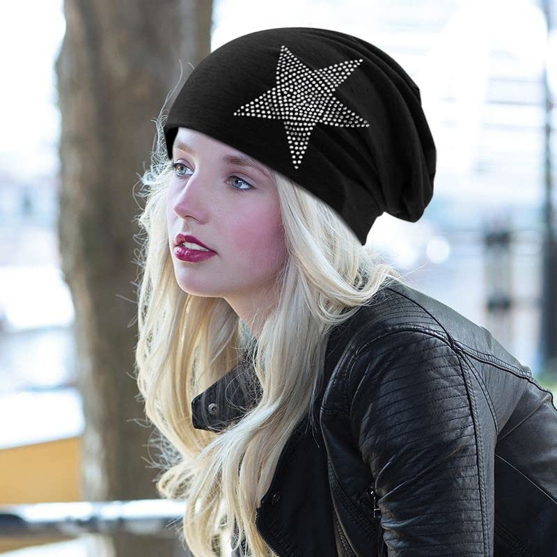 Hatstar Rhinestone Star Women's Beanie Hat, Elastic Slouch Long Beanie