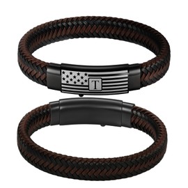 KLIFOWDY Mens Leather Bracelet American Flag Genuine Leather Bracelet for Men Initial Bracelet Jewelry Gift for Men (Letter T)
