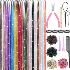 Ainani 20 Colors Hair Tinsel, 48 Inch 8000 Strands Hair Tinsel Kit with Tools Fairy Hair Tinsel Heat Resistant Glitter Tinsel Hair Extensions Sparkling Colored Hair Accessories for Girls Women