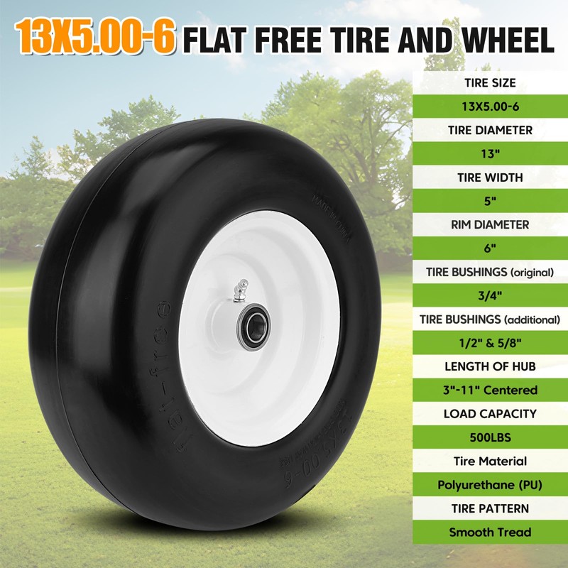 2PCS 13x5.00-6 Flat Free Tire and Wheel with 1/2" &