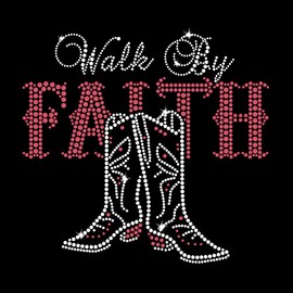 Jubilee Rhinestones "Walk By Faith" Cowgirl-Stiefel, zum Aufbügeln, Strasssteine, T-Shirt