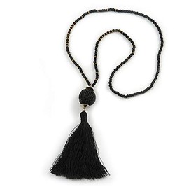 Avalaya Stylish Black Glass Bead Cotton Tassel Necklace/ 72cm L/ 14cm Tassel