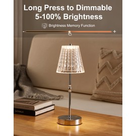 SAIWEYA Cordless Table Lamp, 5000mAh Rechargeable Battery Operated Portable Lamp, Dimmable+3 Colors LED Touch Control, Vintage Crystal Lamp for Bedroom, Kitchen, Bar, Office
