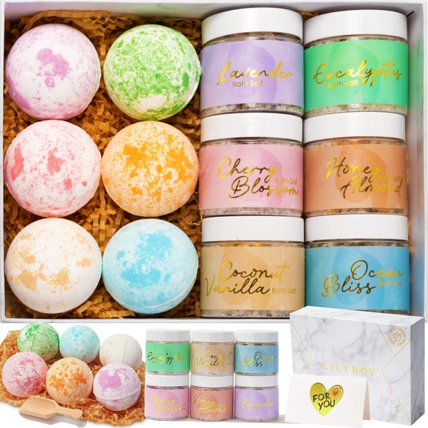 Bath Salt & Bath Bomb Baskets Gift Set Bath spa Gift Baskets Set 15Pcs, Essential Oil Bath Salts, Handmade Bath Bombs, Spa Gifts for Women, Kids, Birthday Father's Mother's Day Gifts for Her.
