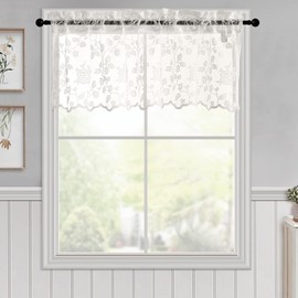 TERLYTEX Lace Valance Curtain for Kitchen Window, Vintage Kitchen Cafe Curtain 18 Inch Length for Small Windows, Rustic Floral Vine Embroidery Sheer Window Valance, 52 x 18 Inch, 1 Panel, Ivory
