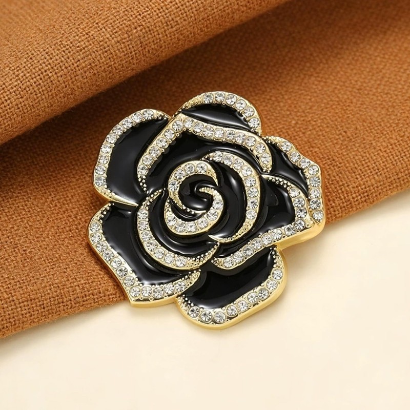 JDONL Black Camellia Flower Brooch Enamel Crystal Floral Lapel Pin