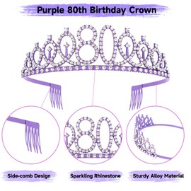 Uintoon 80th Birthday Decorations Purple Tiara Crown and 80 & Fabulous Sash Set for Women Happy 80th Birthday Gifts Ideas for Women 80 Year Old Woman