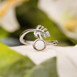 925 Sterling Silver Monstera Leaf and Full Moon, Adjustable Easy Resize Wrap Around Bypass Ring Eternity Band, Blue White Opal Larimar, Hypoallergenic Nickle Free, with Gift Box (Sterling Silver - White Opal, 7.5 - 13)
