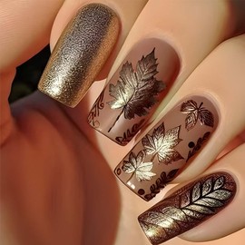 Fall Press On Nails Medium Square Fake Nails Maple Leaf With Glitter Design Brown False Nails Thanksgiving Acrylic Nails Full Cover Artificial Nails Autumn Glue On Nails Stick On Nails For Women 24pcs