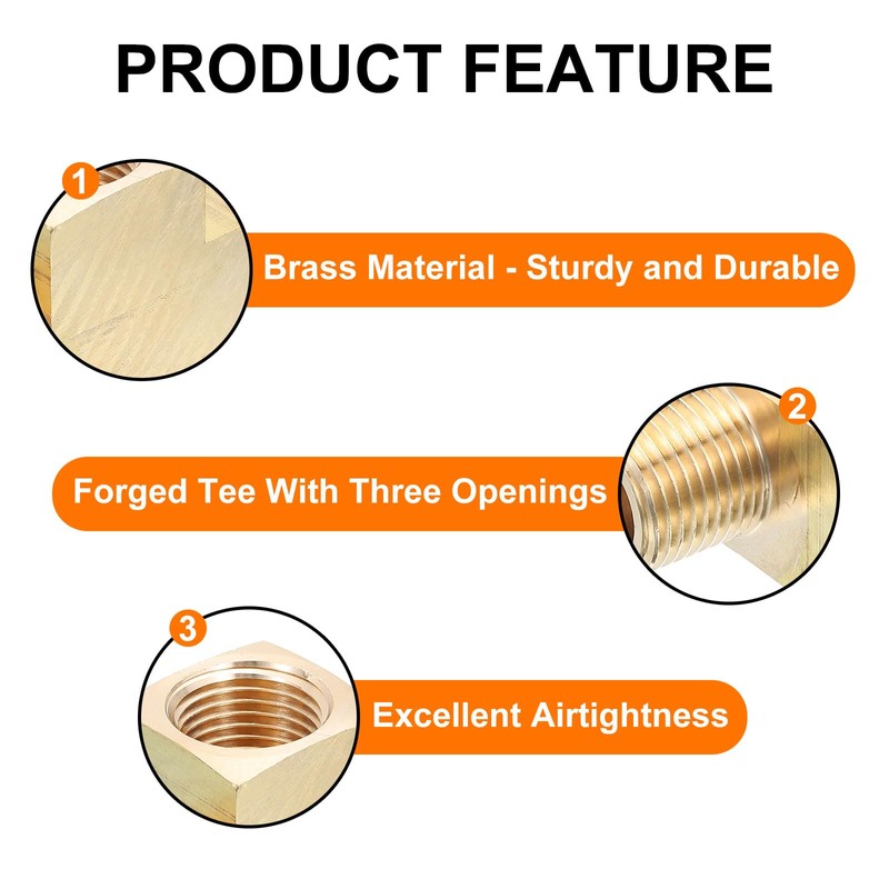 sourcing map Brass Tee Pipe Fitting, 1/2" NPT 3 Way