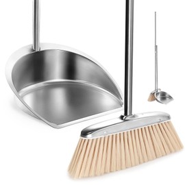 Broom and Dustpan Set with Long Handle, Heavy Duty Broom with Dustpan Combo Set, Windproof Upright Stainless Steel Dust Pan with Kitchen Brooms for Home Office Lobby Indoor Outdoor Use, Khaki