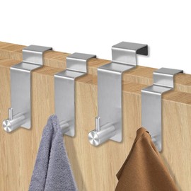 CODIRATO 4 PCS Over Door Hooks Stainless Steel Reversible Hooks Over Door Hanger Cupboard and Drawer Hooks Coat Hooks Cabinet Door Hooks for Bedrooms, Bathroom, Kitchen and Office (Silver)