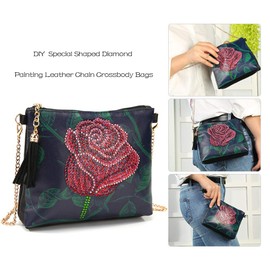 VETPW 5D Rose Flowers Diamond Art Painting Cross Body Bag, Diamond Painting Leather Coin Purse Zipper Handbag, DIY Diamond Painting Clutch Bag, Makeup Shoulder Bag for Party Travel, black