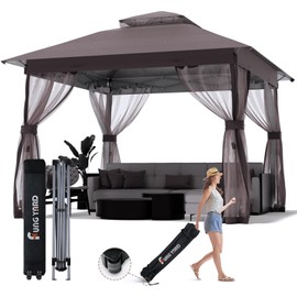 Outdoor Pop Up Gazebo 10x10 - Instant Canopy Tent with Mosquito Nettings, Double Roof Vented Gazebos Tents Shelter for Backyard Shade Party Garden Lawns (Brown, 10x10)