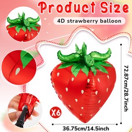 PullCrease 6 Pack 4d Strawberry Balloons 29 Inch Giant Cute Strawberry Foil Balloons for Summer Sweet Berry Themed Birthday Party Decorations Supplies Favors