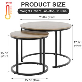 Garden 4 you Nesting Coffee Table, Round Coffee Table Set of 2, Nesting Tables for Living Room Bedroom Balcony, Wooden Stacking Accent Coffee Tables with Metal Frame, Brown