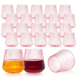 24 Pack Pink Plastic Wine Cups, 14oz Disposable Stemless Ribbed Wine Glasses, Cute Clear Unbreakable Outdoor Cocktail Glasses, Heavy Duty Reusable Plastic Drinking Cup for Party Wedding Mimosa Bar