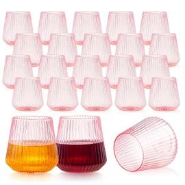 24 Pack Pink Plastic Wine Cups, 14oz Disposable Stemless Ribbed Wine Glasses, Cute Clear Unbreakable Outdoor Cocktail Glasses, Heavy Duty Reusable Plastic Drinking Cup for Party Wedding Mimosa Bar