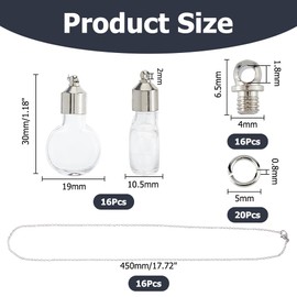 Hobbspring 16 Sets Glass Vial Bottle Necklace Stainless Steel Hourglass Memory Wish Bottle with Chain and Jump Ring Flat Round Glass Bottle Charm Screw Cap Bottles for Beads Perfume Hair Holder