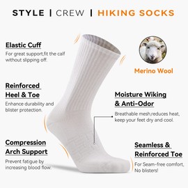 JSPA 4 Pack White Wool Socks for Women Winter Mens Padded Anti-Blister Performance Merino Wool Dress Mountain Trekking Socks with Compression Arch Support, Medium, White