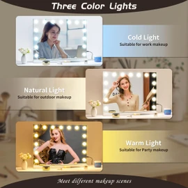 NUSVAN Vanity Mirror with Lights Lighted Makeup Mirror with 15 Dimmable LED Bulbs,3 Color Lighting Modes,USB Charging Port Touch Control,Sturdy Metal Frame Design 24x18 Inch,White
