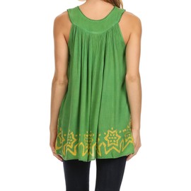 Sakkas 097 Batik Embroidered V-Neck Sleeveless Blouse - Green/Yellow/One Size