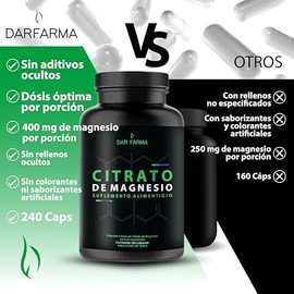 Citrato de Magnesio - 2600 mg por Porción - Máxima Pureza y Absorción - Suplemento Alimenticio para Suministro Prolongado - 240 Cápsulas con 400 mg de