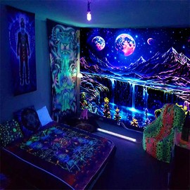 Psyhilar Blacklight Mountain Tapestry for Bedroom Moon and Stars, Black Light Posters for Adults and Teens, UV Nature Landscape Backdrop Wall Hanging for Living Room (40" x 30")