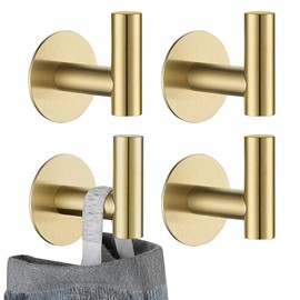 JQK Self Adhesive Towel Hook Gold, No Drill Stick on Coat Robe Clothes Wall Hook for Bathroom Kitchen Garage 4 Pack, 304 Stainless Steel Brushed Gold, ATH110-BG-P4