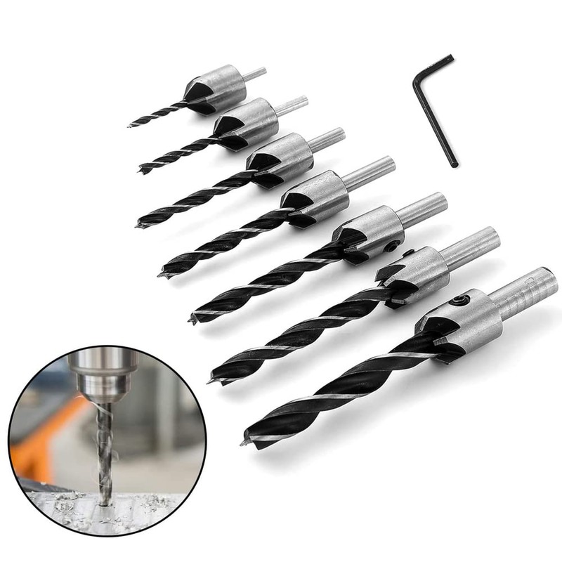 Eeych 7Pcs Countersink Drill Bits HSS with 1 Hex Key