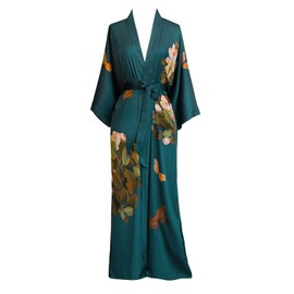 OLDSHANGHAI Women's Charmeuse Kimono Robe Long - Watercolor Floral - Peony & Butterfly- Vintage Teal (Blue)