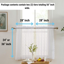 HLC.ME Sophia Floral Rod Pocket Lace Semi Sheer Voile Short Cafe Tiers for Small Windows - 28 x 24 Inch Length (White Tiers, Set of 2)