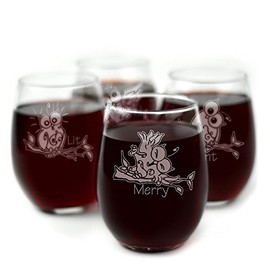 Drunk Owl Themed Engraved Stemless Wine Glasses - Set of 4